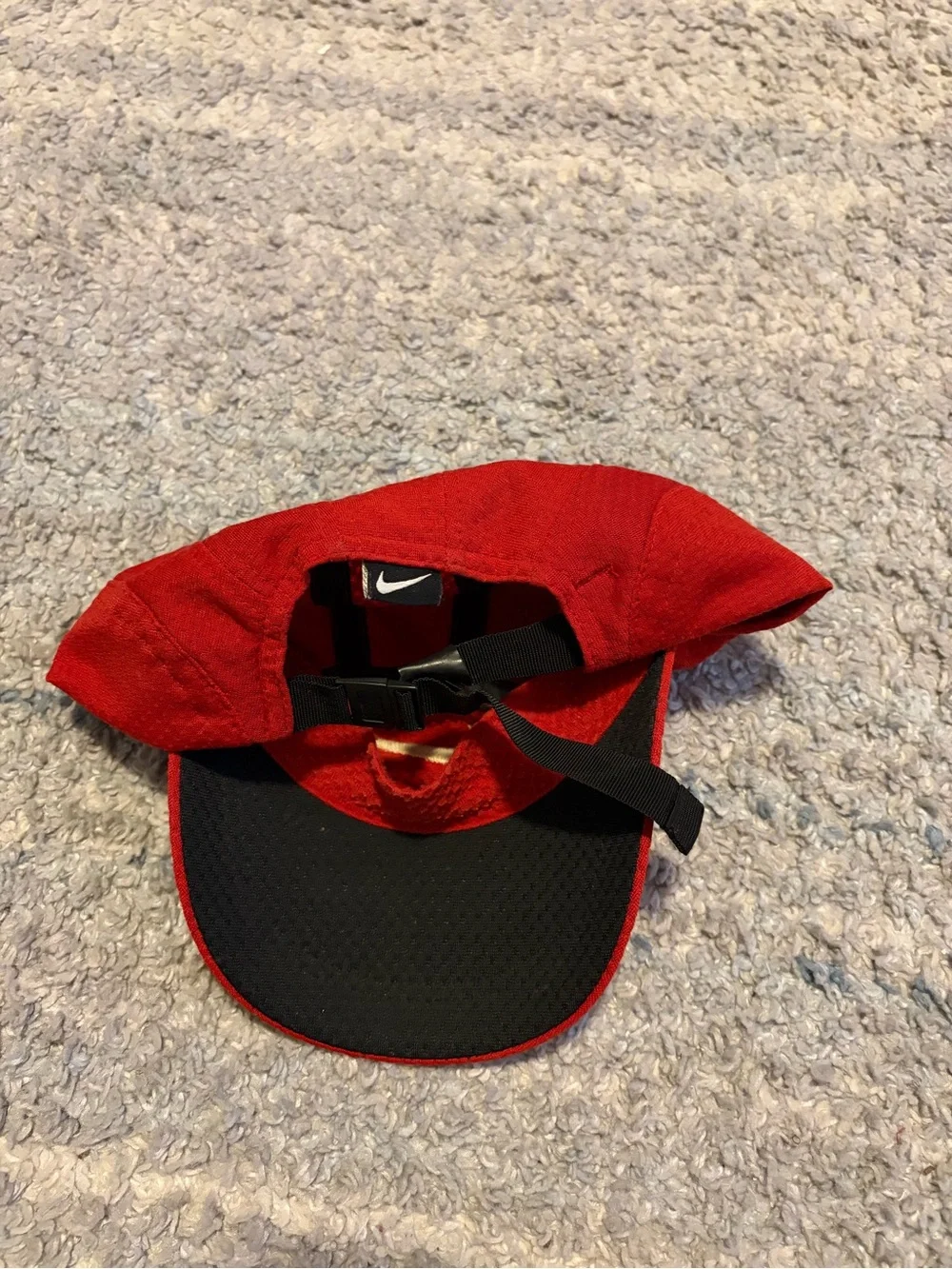 Vintage 90s Nike 5 Panel Hat Mesh Camp Cap Red White Swoosh Clip Strap Made in T